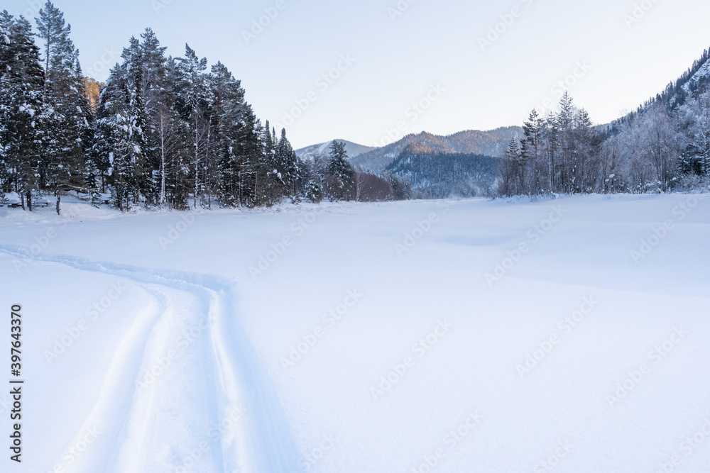 Snowmobile tracks in deep snow. Twisting traces of a snowmobile crossing snow covered field