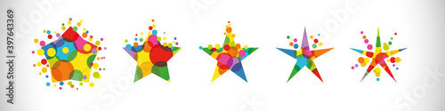 Set of colorful stars. Star shape collection.  Creative graphic, white background. Decorative bubbles, coloured texture, bright design. Discount badge, frame with empty center. Holiday vector sign.