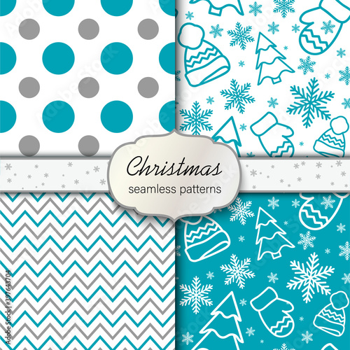 Winter collection of seamless patterns. Set of blue, white and silver backgrounds with traditional symbols: snowflakes, pine tree, polka dots, hats and mittens, simple abstract geometric design.