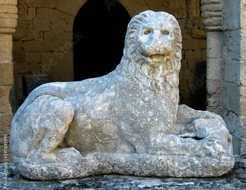 Lion statue made of Lardos stone, Archeological Museum of Rhodes. Rhodes, Greece