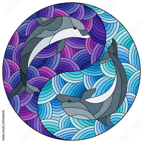 Illustration in stained glass style with two dolphins on the background of water  in the form of the Yin Yang sign, round image