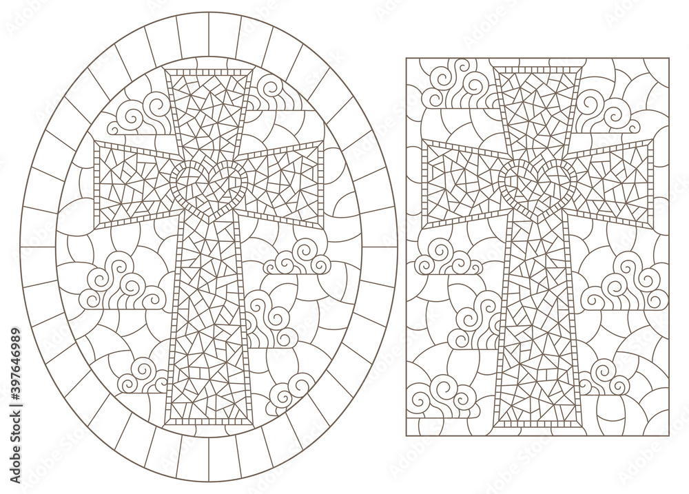 Set of contour illustrations in stained glass style with Christian crosses, dark outlines on a white background Set of contour illustrations in stained glass style with Christian crosses, dark outlines on a white background