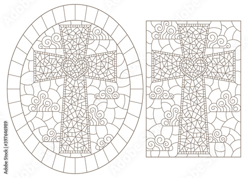 Set of contour illustrations in stained glass style with Christian crosses, dark outlines on a white background