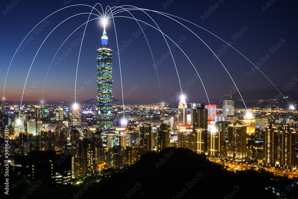 Obraz premium Smart city and connection lines. Urban skyline in Taipei, Taiwan, at night. Technology, network connection, information and smart city concept. Pixelated - digitally modified image.