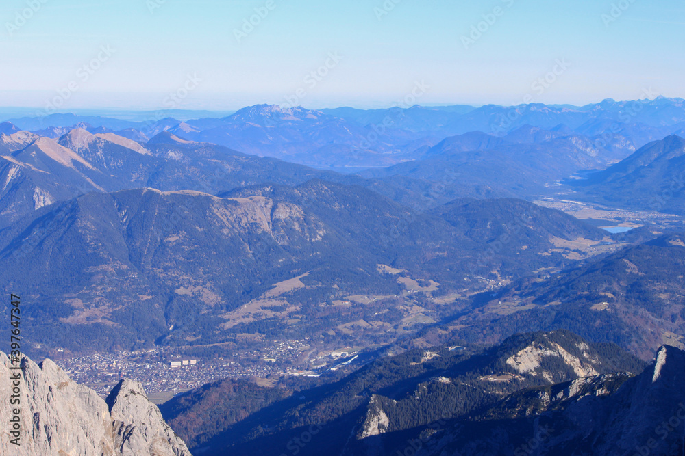 Top of Germany: Valley view from the Eibsee ropeway at the mountain Zugspitze to the city of Garmisch-Partenkirchen 