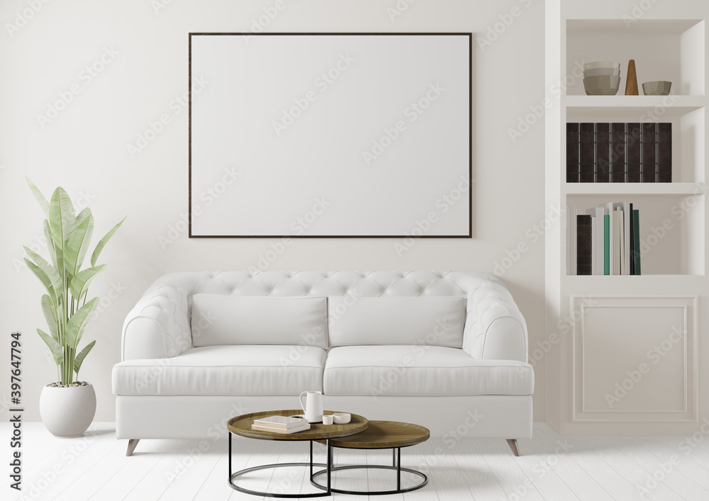 Fototapeta premium modern big living room with wooden floor, white wall, mock up frame, art deco style. - 3d rendering -