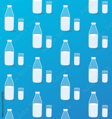 Bottle and glass of milk pattern on blue background. Banner design. Food poster. Cartoon poster. Milk background. Wrapping paper. Milk banner. Pattern design. Creative flyer. Decoration. Foodstuff. 