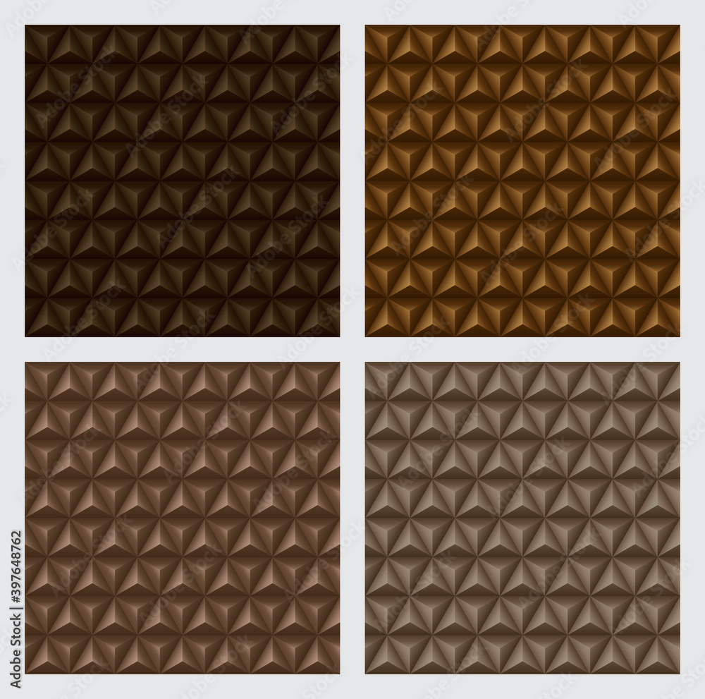 3d triangles pyramids, earth tone brown color backgrounds set. Geometric hexagons, diamonds shape, seamless patterns. Vector illustration. 3d triangles pyramids, earth tone brown color backgrounds set. Geometric hexagons, diamonds shape, seamless patterns. Vector illustration.