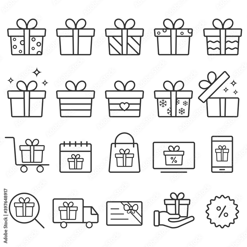 Gift box, present, discount offer line icon set isolated on transparent background. Price tag, gift card, search sale signs. Vector outline stroke symbols for christmas, New Year surprise design Gift box, present, discount offer line icon set isolated on transparent background. Price tag, gift card, search sale signs. Vector outline stroke symbols for christmas, New Year surprise design