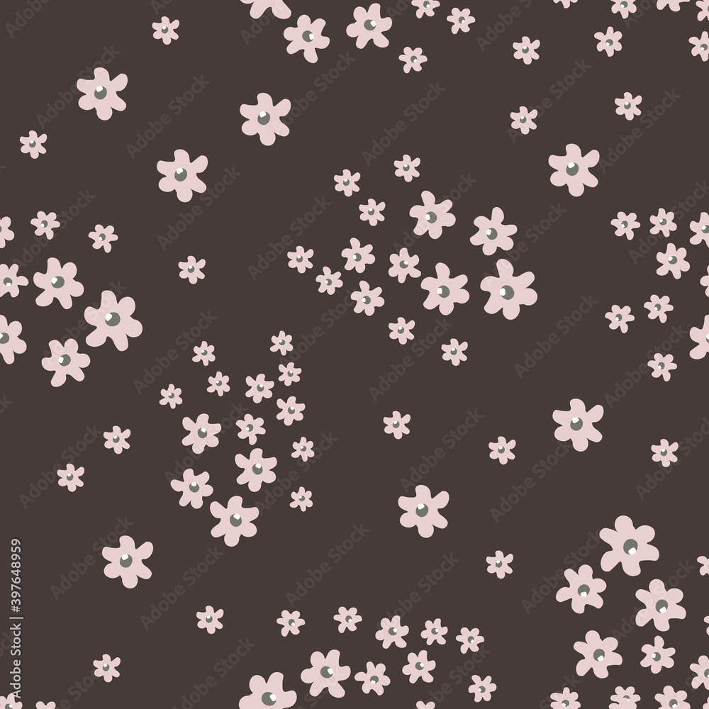 Simple vector seamless pattern with small flowers. Elegant abstract floral background. Ditsy ornament. Dark gray and light pink colored texture. Repeat design for decor, textile, fabric, wallpapers Simple vector seamless pattern with small flowers. Elegant abstract floral background. Ditsy ornament. Dark gray and light pink colored texture. Repeat design for decor, textile, fabric, wallpapers
