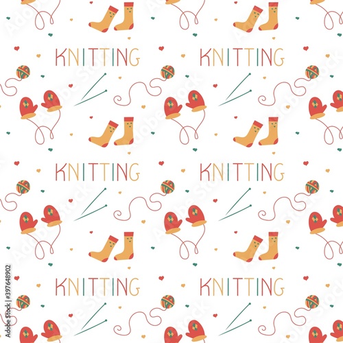Knitting, seamless pattern in doodle style. For a yarn shop or tailor. Vector illustration on white background.