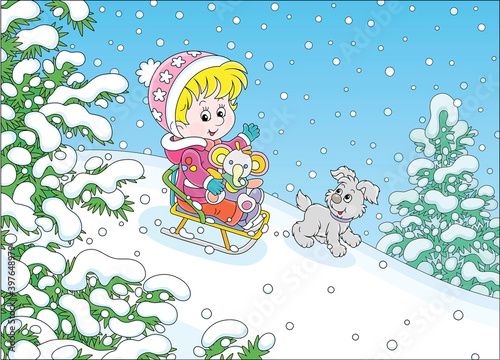 Happy little girl and her merry small puppy cheerfully sledding down a snow hill on a playground in a snowy park on a beautiful frosty day on winter holidays, vector cartoon illustration