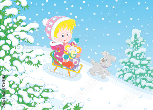 Fototapeta Naklejka Na Ścianę i Meble -  Happy little girl and her merry small puppy cheerfully sledding down a snow hill on a playground in a snowy park on a beautiful frosty day on winter holidays, vector cartoon illustration