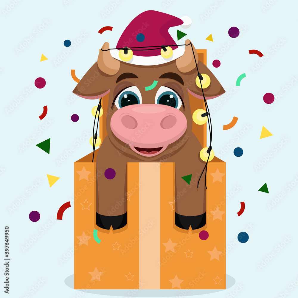 Naklejka premium Symbol of the year 2021. A small bull came out of the gift box. Happy New Year greeting card