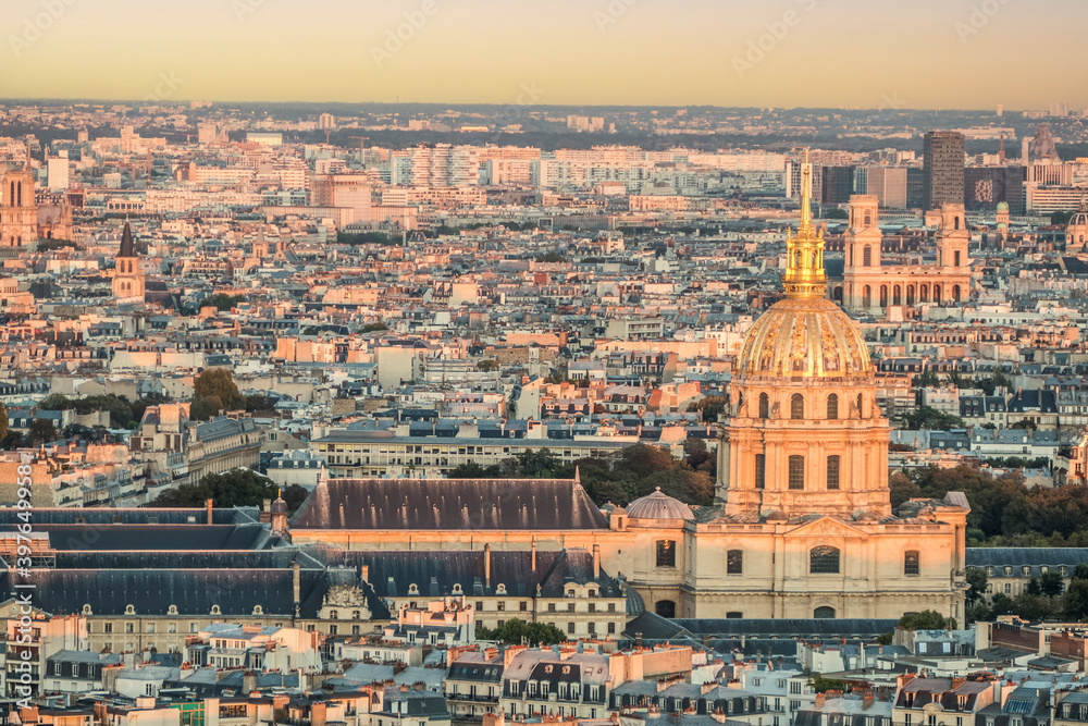Aerial view of Paris with Les Invalides in background at sunset