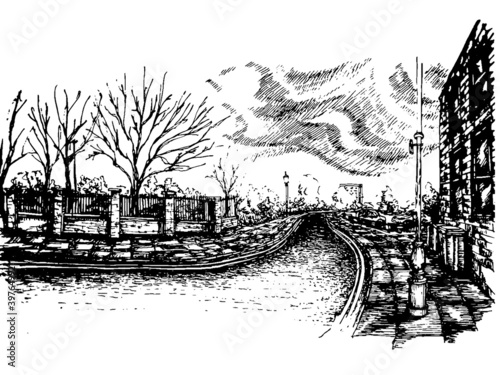Vector sketchy image of a common neibourhood in a town. street view. sidewalk made of stones