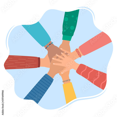 Multicultural people putting hands together. Teamwork, friendship, unity, help, equality, support, partnership, community, social movement, friendship concept. Strong together. Vector illustration. photo