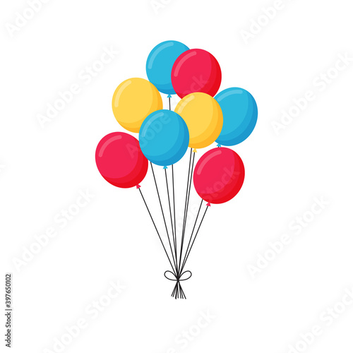 The bundle of flight up color helium balloons on a white background. Realistic colorful design elements in red, yellow, blue.