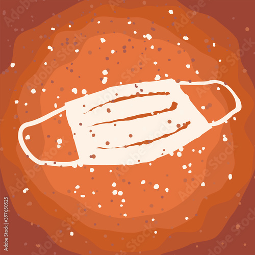Backgroung with the barista work - latte art on cappuccino with milk and cinnamon. Top view on coffee with medical mask. Vector art about individual safety rules during quarantine for site or menu.