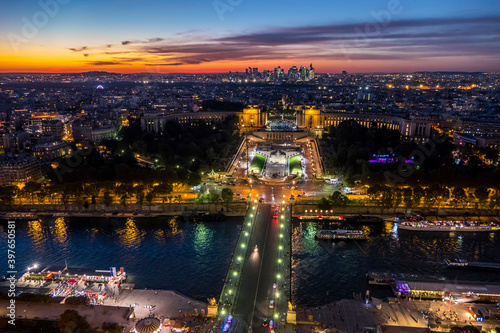Aerial view of Trocadero and La Devense in Paris at sunset