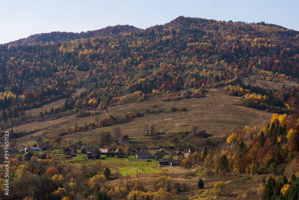 Urych village in autumn, Lviv Region, Carpathian mountains, Ukraine