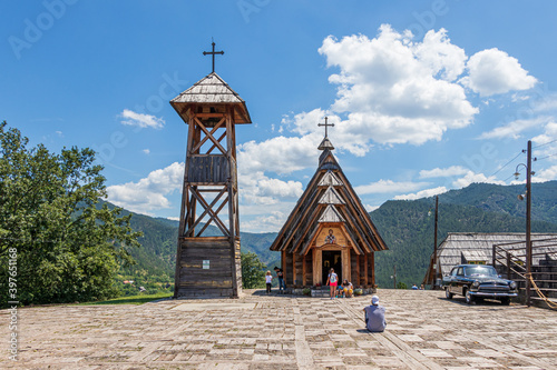 Mokra Gora, Serbia - July 15, 2020: Main square Kustendorf, traditional village Drvengrad.