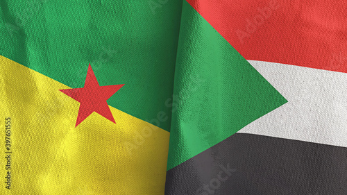 Sudan and French Guiana two flags textile cloth 3D rendering photo