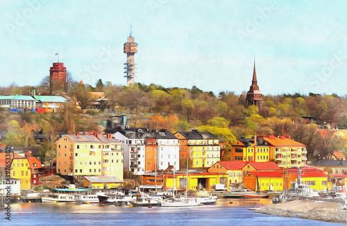 Photography Cityscape of Stockholm colorful painting looks like picture, Sweden