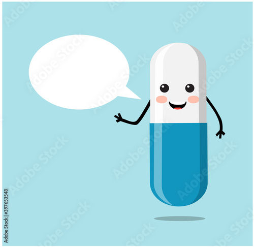 cute pill capsule and dialogue bubble on blue background
