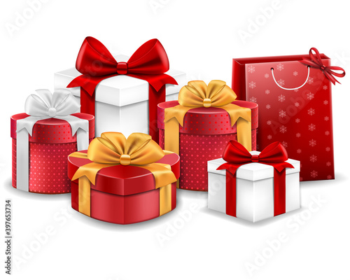 set of gift boxes different forms with satin ribbons and bow-knots isolated on white background, realistic vector illustration