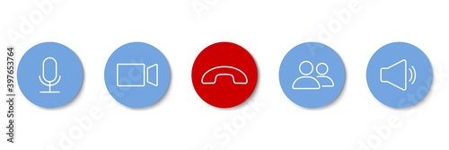 Set of Video call icons. Video conference. Collections buttons of on-line video chat app, internet talk, call technology. Web app ui display template. Videoconferencing and online meeting workspace
