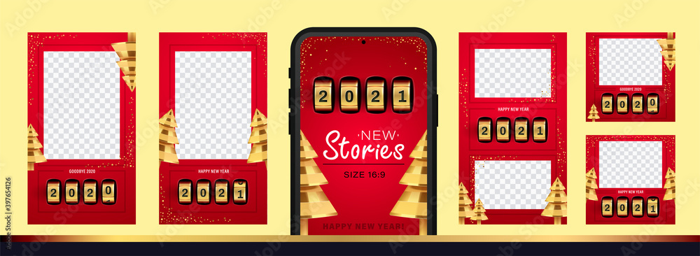 Editable Christmas and New Year stories Set for social networks. Template on a transparent background with with golden conical Christmas trees and counter timer for online greetings on 2021