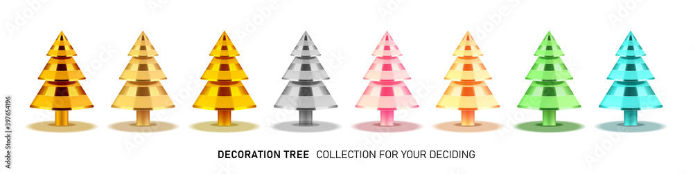 Fototapeta premium Big set of vector multicolored Christmas trees. Collection from golden, pink, green, gold, turquoise and gray Christmas trees. Decorative sharp cone shapes. Xmas object isolated on white background