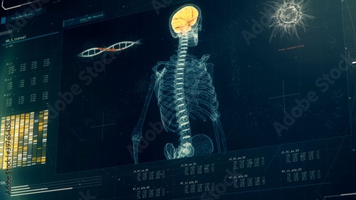 Patient's brain scan results on screen, DNA mutation, virus detection, forensics. Medical software interface with DNA scan results, anomaly detected, lab equipment, mri. 3D illustration