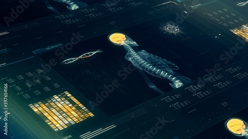 DNA forensic research, patient's body scan results on screen, genetic disorders. Medical software interface with DNA scan results, anomaly detected, lab equipment, mri. 3D illustration