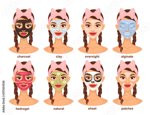 Set of young beautiful woman in different types of face masks.