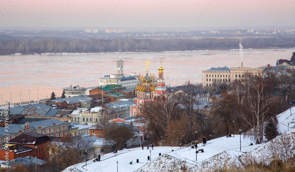 Urban winter landscape of Nizhny Novgorod at sunset
