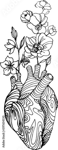 vector tattoo monochromic illustration heart with flowers growing from inside 