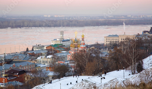 Urban winter landscape of Nizhny Novgorod at sunset