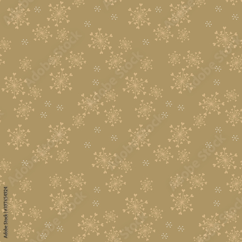 Golden vector seamless pattern with abstract snowflakes and tiny hearts. Doodle style minimalist background. Gold and white texture. Modern minimal repeat design for decor, print, textile, wallpapers