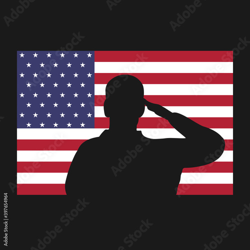 Saluting silhouette on American flag icon. Veterans day or memorial day proud patriot concept. Vector illustration.