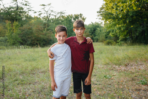 Two small cheerful boys are standing in the Park and smiling. Happy childhood © Andrii