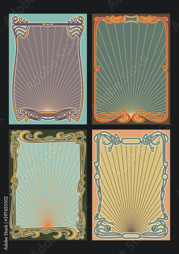 Art Nouveau Frame Set, Retro Color Backgrounds, Decorative Borders 1900s - 1920s Style 