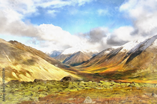 Fototapeta Naklejka Na Ścianę i Meble -  Beautiful mountain landscape at Polar Urals colorful painting