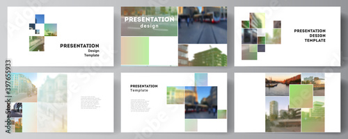 Vector layout of the presentation slides design business templates, multipurpose template for presentation brochure, brochure cover. Abstract project with clipping mask green squares for your photo.