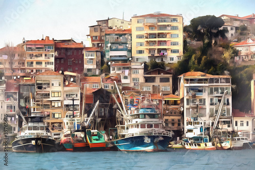 Cityscape of Istanbul from the water colorful painting looks like picture, Turkey.