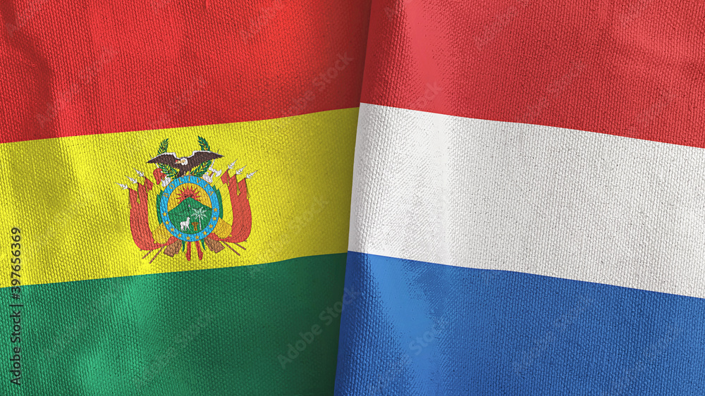 Netherlands and Bolivia two flags textile cloth 3D rendering