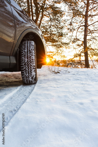 Close-up of car tires in winter on a snow-covered forest road