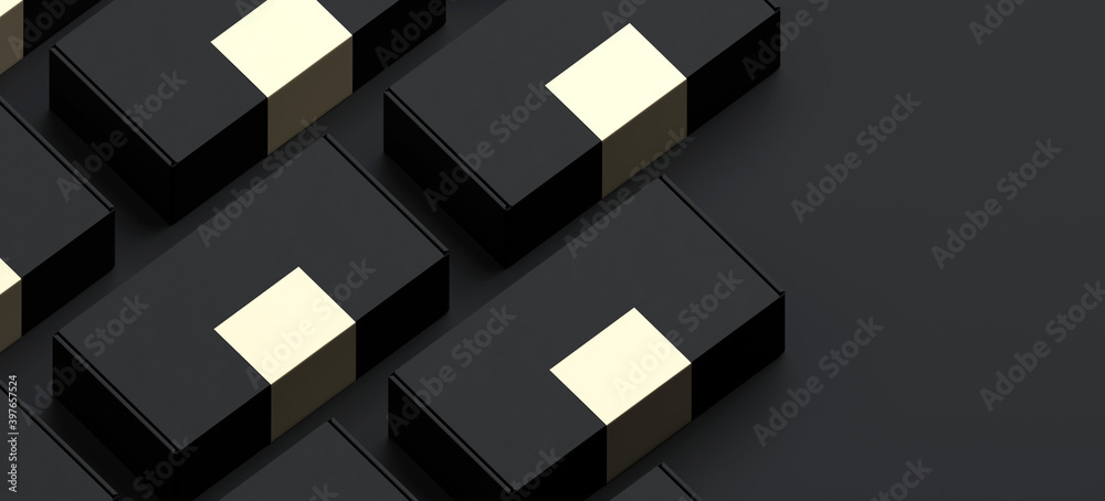 Mock-up Template for cosmetic branding identity. Blank black cardboard box with label on black background. 3d rendering illustration. Clipping path of each element included. Mock-up Template for cosmetic branding identity. Blank black cardboard box with label on black background. 3d rendering illustration. Clipping path of each element included.