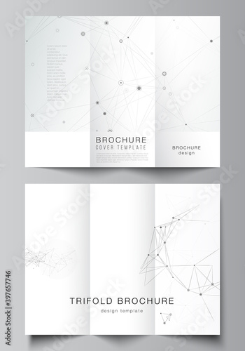Vector layouts of covers templates for trifold brochure, flyer layout, book design, brochure cover, advertising mockups. Gray technology background with connecting lines and dots. Network concept.
